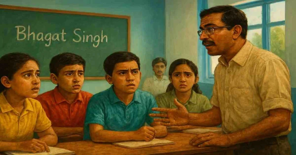 wp-bhagat-singh-ki-asli-kahani-students.webp भगत सिंह की असली कहानी — छात्रों को सच्चाई सुनाते हुए शिक्षक