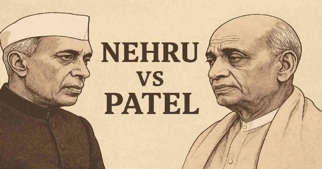जवाहरलाल नेहरू और सरदार वल्लभभाई पटेल की विचारधाराओं का प्रतीकात्मक चित्रण, स्वतंत्र भारत की दिशा पर बहस को दर्शाता हुआ।