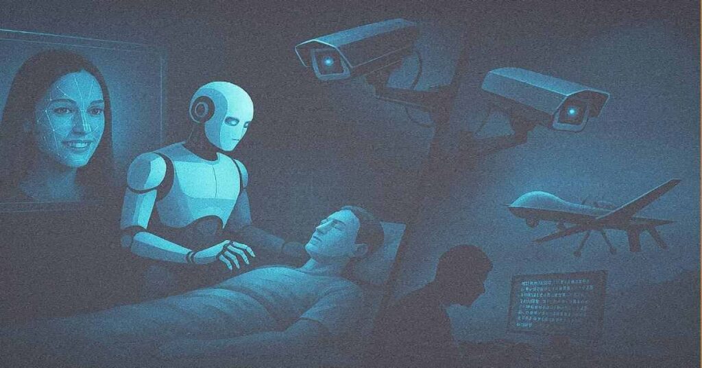 wp-A_digital_illustration_showcases_the_risks_associa.jpg AI के खतरे – Deepfakes, Surveillance, Cybersecurity और AI हथियार