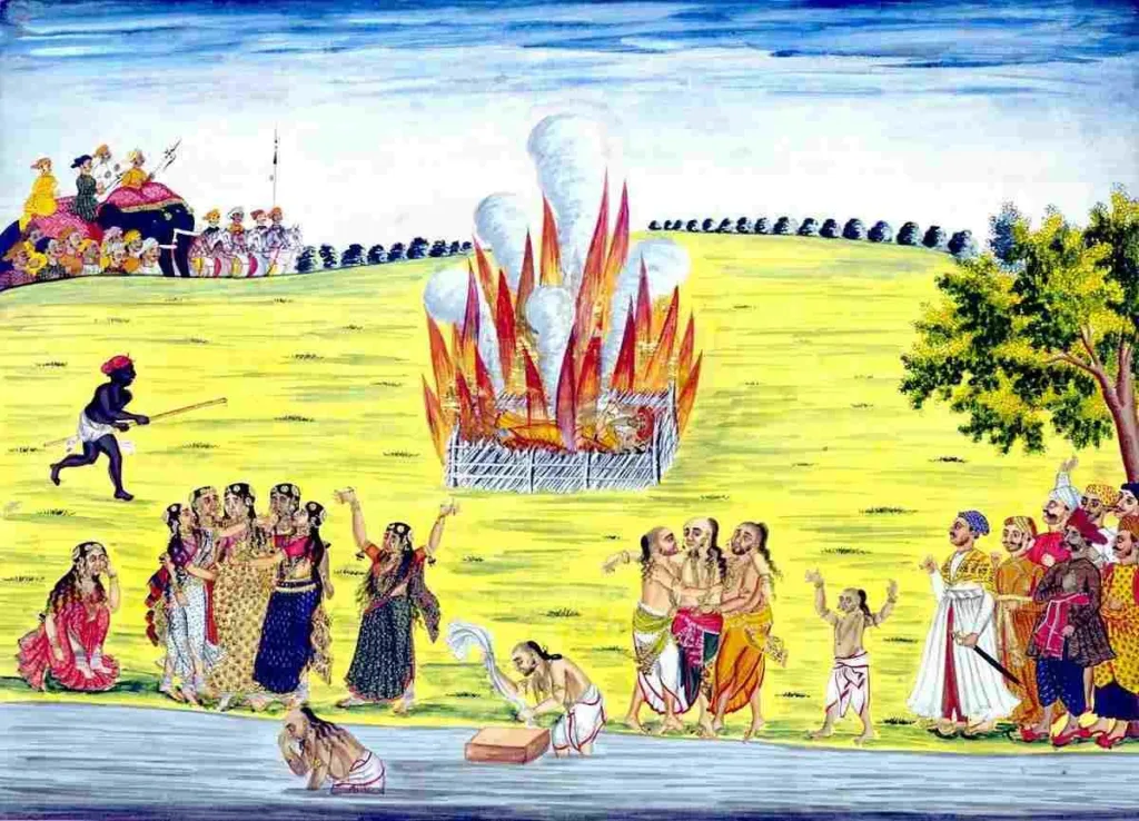 wp-Company-painting-of-Sati-ceremony.webp A colorful Company-style painting depicting a widowed woman committing Sati at her husband’s funeral pyre.