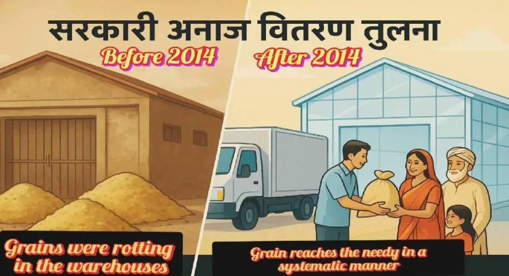 सरकारी अनाज वितरण तुलना: पुराने गोदामों में सड़ता अनाज और नई नीतियों में गरीब परिवारों तक पहुँचता मुफ्त अनाज