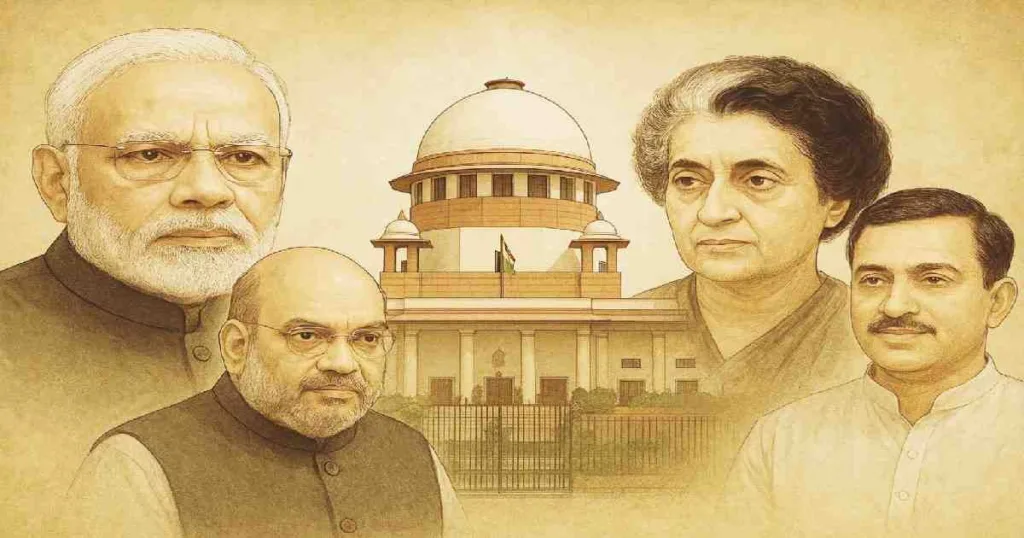 PM and CM disqualification bill India illustration showing jail, Parliament, political accountability, and opposition leaders observing