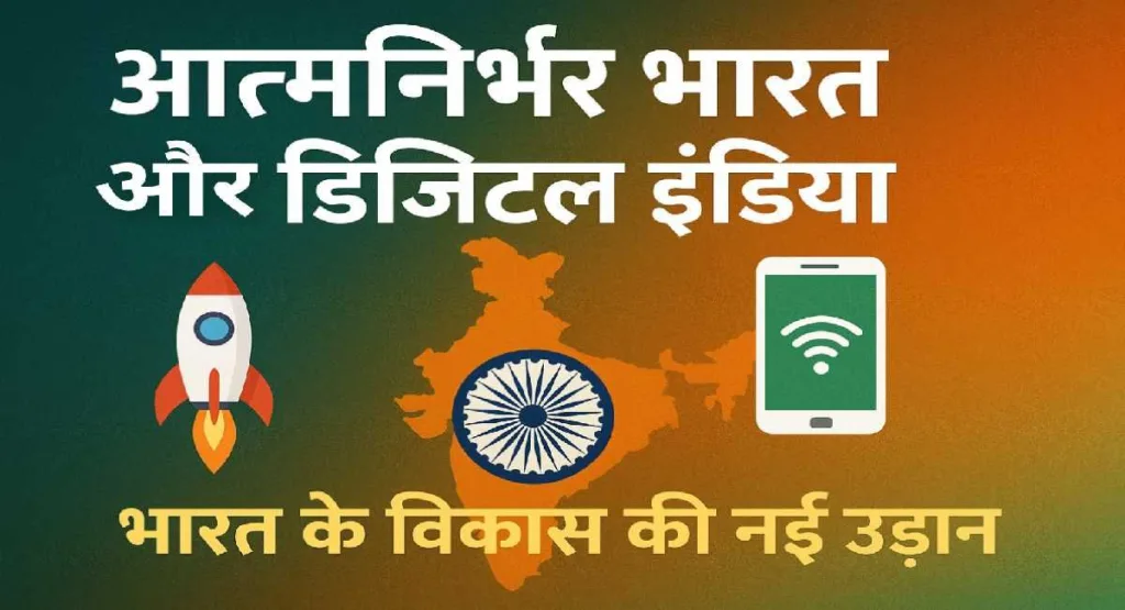 आत्मनिर्भर भारत और डिजिटल इंडिया के प्रभाव को दर्शाती छवि जिसमें स्टार्टअप्स, डिजिटल पेमेंट, ग्रामीण इंटरनेट कनेक्टिविटी और युवा उद्यमिता शामिल हैं, जो भारत की आर्थिक वृद्धि और तकनीकी सशक्तिकरण को दिखाती है।