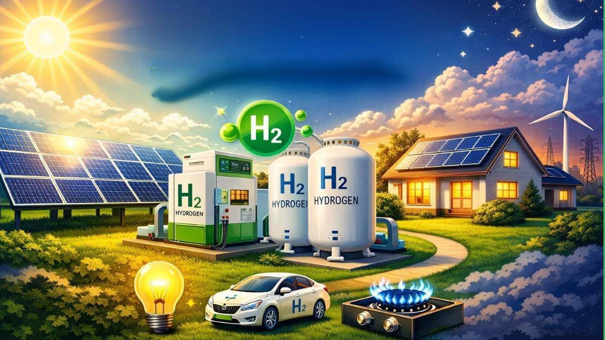 एक घर की छत पर हाइड्रोजन सोलर पैनल लगे हुए, साथ में हाइड्रोजन टैंक, इलेक्ट्रिक कार और ग्रीन एनर्जी प्रतीक, दिन और रात के बीच दृश्य